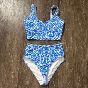 Unbranded Bikini Set Women XS Blue White Damask High Waisted Two Piece Swimsuit